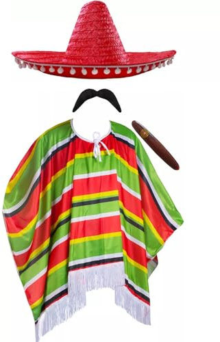 Mexikanischer mehrfarbiger Poncho + Sombrero mit Pom-Pom-Rand + mexikanischer Schnauzer und Zigarre, perfekt für jeden Erwachsenen