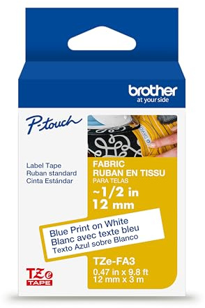 Brother Genuine P-Touch TZe, Navy Blue Print on White Fabric Label Tape (TZeFA3),1/2in x 9.8ft (12mm x 3m), for Select P-Touch Label Makers, Can be Ironed onto Virtually Any Cotton Item, Washable