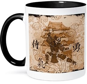 3dRose Ein brauner getönter Samurai-Krieger Gebäude mit orientalischer Schrift Tasse, Keramik, schwarz, 11 oz
