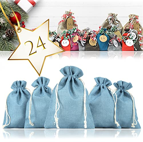 Ganzoo 24er Set Jutesäckchen für Adventskalender zum selbst befüllen, 17,5cm x 12,5cm, Jutebeutel, Stoffbeutel, Natur Säckchen, Geschenksäckchen, Sack, Beutel – (Hellblau)