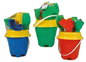 Simba 107113717 - Burgen-Eimergarnitur, 3-sort., es Wird nur EIN Artikel geliefert, 8 Teile, Eimer, Sieb, 4X Sandform, Schaufel, Rechen, Höhe 16cm, Durchmesser 17cm
