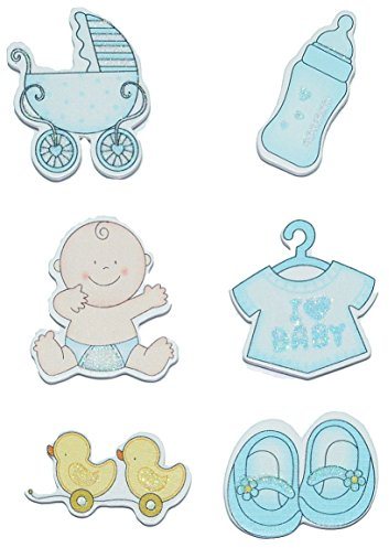 6 TLG. Set Sticker/Aufkleber aus Holz - Baby mit Glitzer für Jungen - auch als Streumotiv - zur Geburt Kinderwagen Babyflasche Schnuller Babymotiv Taufe BAB..