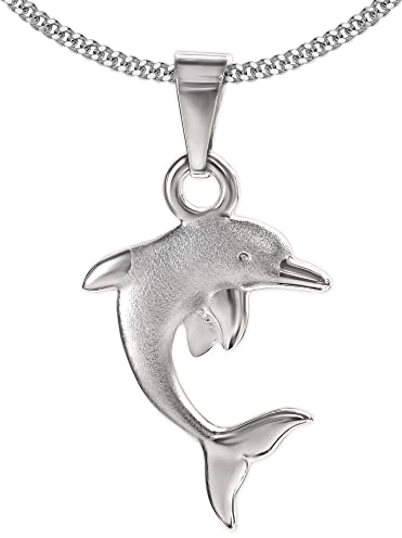 CLEVER SCHMUCK Delfin Halskette Anhänger 17 mm matt Flossen glänzend & Kette Panzer 45 cm Sterling Silber 925 im Schmucketui creme