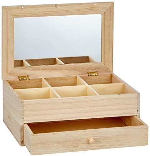 Artemio Schmuckkiste mit 6 Fächern,aus Holz,mit Spiegel und Schublade,Beige, 26 x 17,5 x 11,5 cm