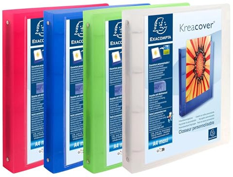 Exacompta - Réf. 51869E - Carton de 12 classeurs personnalisable 1 poche - 4 anneaux ronds 30 mm - Dimensions extérieures : 32 x 26,8 cm - Format à classer A4 Maxi - Assortis
