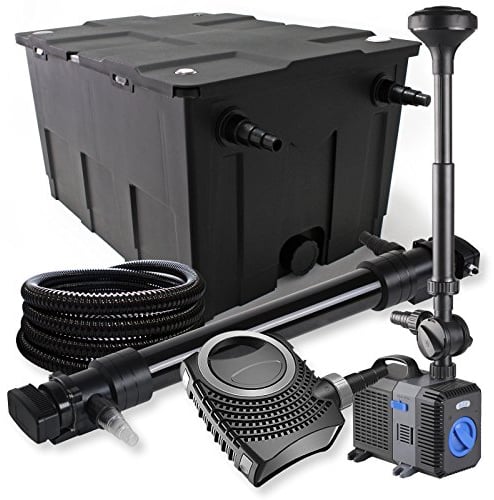 SunSun Komplettset: CBF-550 Teichfilter bis 60000 L Teichfilteranlage, NEO10000 Teichpumpe 10000l/h 80W, CUV-672 Teichklärer 72W, 25m Teichschlauch 25 mm, CTP-5003 Springbrunnen 5000l/h 30W