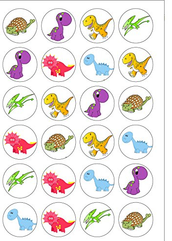 24 PRE CUT Cute Dinosaur Edible Wafer Paper Round Cake Toppers Decorations