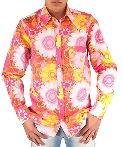 Coloré ANNÉES 1970 Fleurs Flower power Chemise Rose - Rose - X-Large