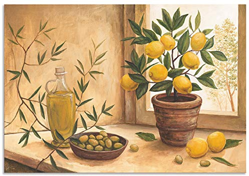 ARTLAND Wanddeko Wandbild Alu Verbundplatte für Innen & Outdoor Bild 100x70 cm Stillleben Toskana Mediterran Oliven Zitrone Essen Lebensmittel Malerei T4HV