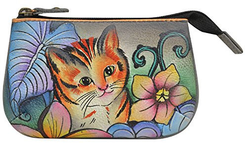 Anuschka Damen Leder Münzbörse - Echtes weiches Leder - handbemalt Original Kunst - Katzen im Wunderland
