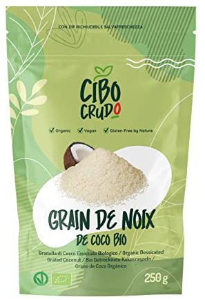 Grain de Coco Bio - 200g. Grain de Noix de Coco non Soufrés et non Sucrés. De l'Agriculture Biologique. Séché au Soleil Rapé Noix de Coco pour Casse-Croûte ou Recettes Sucrées.