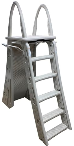 Confer Plastics 7200 Roll Guard 48 to 56 Adjustable A Frame Safety Ladder for Above Ground Outdoor Patio Swimming Pool Platform Ladder with Step Barrier, Warm Grey…