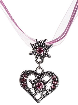 Trachtenkette elegantes Herz mit Strass und Edelweiss Anhänger Trachtenschmuck Kette für Dirndl und Lederhose Damen in vielen Farben (Pink)