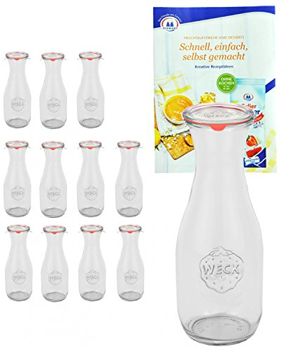 MamboCat Weck Set 12 bocaux de 1062 ML 12 couvercles en Verre 12 Anneaux de Conservation et 24 Pinces avec livret de Recettes Gelierzauber Weck Bouteilles en Verre pour jus de Fruits Sauces Huiles
