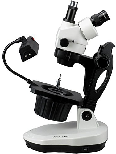 AmScope GM400TZ Trinocular Gemology Stereo Zoom Microscope, WH10x Eyepieces, 3.5X-90X Magnification, 0.7X-4.5X Zoom Objective, Halogen and Fluorescent Lighting, Inclined Pillar Stand, 110V-120V, Includes 0.5X and 2.0X Barlow Lenses