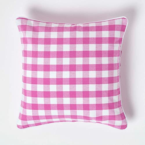 HOMESCAPES Pink and White Gingham Cushion Cover 45 x 45 cm (18” x 18”) Block Check Pattern 100% Cotton Decorative Square Cushion