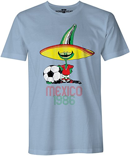 More T Vicar Retro Pique Mexico 86 - Distressed Print Mens Football World Cup T Shirt Light Blue