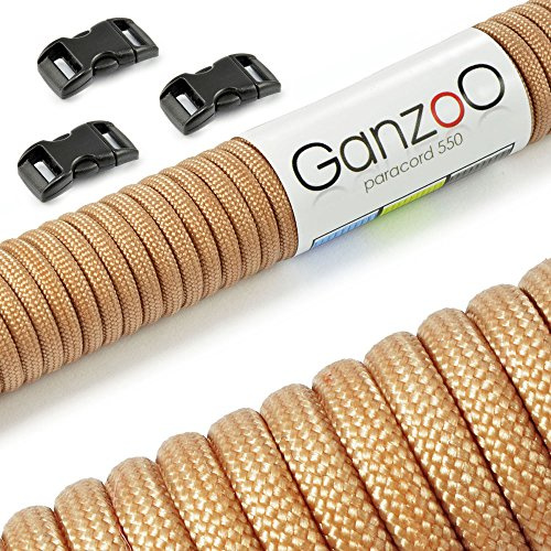 Ganzoo Paracord 550 Bastel- und Outdoorset, Typ 3 Seil 4 mm x 30 m, Hellbraun, Nylon-Polyester, 32-litziger Mantel, 7 Kernstränge, Bruchlast 250 kg, 3 Klickverschlüsse 10 mm 3/8 Zoll, gebündelt