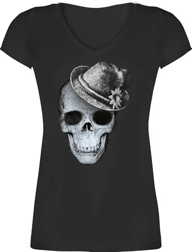 T-Shirt Damen V Ausschnitt - Kompatibel Oktoberfest - Totenkopf mit Filzhut - XXL - Schwarz - mädchen trachtenshirt Trachten-Tshirt bayrische Skull Shirts Shirt tailliertes Trachten Tshirt bayrisch
