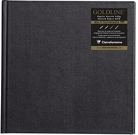 Clairefontaine 34249C Carnet Cousu Goldline - 64 Feuilles Papier Dessin Blanc - 15x15 cm 140g - Format Carré - Couverture Rigide Noire Imitation Toile