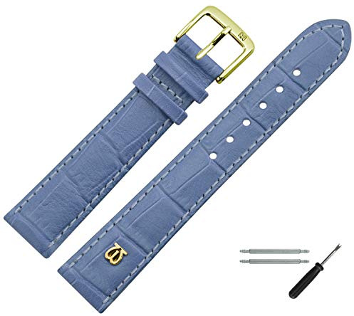 MARBURGER Uhrenarmband 14mm Leder Blau Gold Alligator Prägung Mit Naht - Montage Set 5281453000220