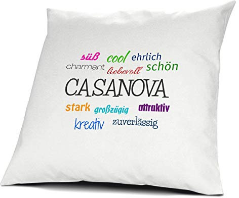 printplanet Kopfkissen mit Namen Casanova - Motiv Positive Eigenschaften, 40 cm, 100% Baumwolle, Kuschelkissen, Liebeskissen, Namenskissen, Geschenkidee