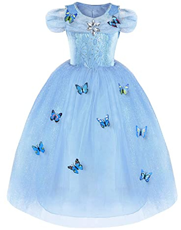 URAQT Fille Robe Papillon Cinderella Princess Robe La Reine des Neiges Elsa Costume Bleu, Bleu, 110 pour les 3-4 ans