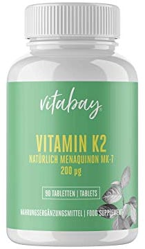 Vitabay Vitamin K2 Hochdosiert 200 µg (mcg) - 90 Vitamin K2 Tabletten Vegan & Laborgeprüft - MK-7 (Menachinon-7) aus natürlichen Zutaten in All-Trans Form - Hohe Bioverfügbarkeit