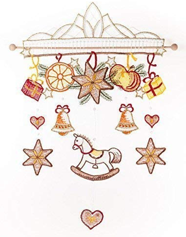 Fensterbild Windspiel Schaukelpferd farbig 25 x 33 cm aus Plauener Spitze Fensterdeko Fensterschmuck Bilder Handarbeit Deko Fenster