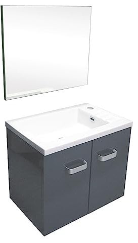 ONDÉE, Meuble Lave-Mains à Suspendre Collection EPICE, Compact avec Grand Espace de Rangement, 2 Portes avec poignées, Miroir Simple, Livré en kit, Largeur 50, 5cm, Finition laqué Gris Brillant