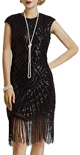 BABEYOND Damen Kleid voller Pailletten 20er Stil Runder Ausschnitt Inspiriert von Great Gatsby Kostüm Kleid (L (Fits 76-86 cm Waist & 94-104 cm Hips), Schwarz)