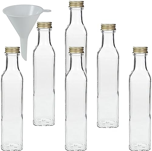 mikken 6 x Glasflasche 250 ml mit Schraubverschluss, leere Flaschen zum Befüllen als Ölflasche, Schnapsflasche, Likörflasche + 1 Trichter