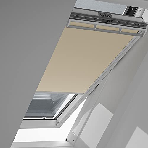 Original VELUX Vorteils-Set ( Verdunkelungs-Rollo + Hitzeschutz-Markise ) für GGL GHL GTL GPL GXL SK08 und GGU GHU GTU GPU GXU SK08 in Stofffarbe 1085 Beige - Markise in 5060 schwarz, Seitenschienen in Silber / DOP SK08 1085S