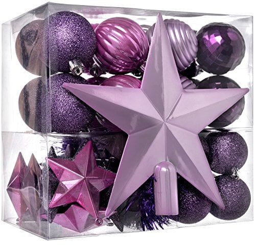 WeRChristmas Shatterproof Baubles with Tree Topper and Garland, 42-Piece - Purple/Pink/Silver