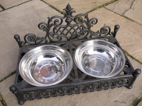 Large Cast Iron Dog Bowl Holder & 2 Stainless Steel Bowls