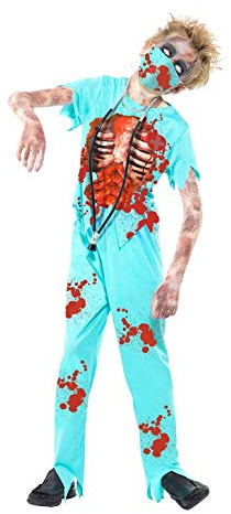 Smiffys Zombie Surgeon Costume, Blue with Bloodied Trousers, Top, Mask & Stethoscope, Halloween Child Fancy Dress, Zombie Dress Up Costumes