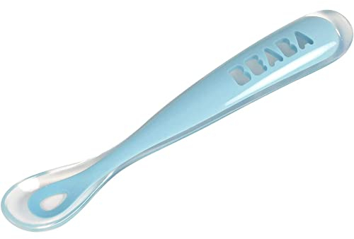Béaba, Cuillère en Silicone Bébé / Enfant, 1er Âge, Dès 4 mois, Bout arrondi, Souple, Manche long et Ergonomique, Prise en main facile, Bleu