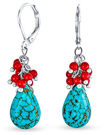 Pendientes de moda boho con forma de pera, cristal rojo coral, acento de cuentas, lágrima azul turquesa, cierre de palanca, joyería occidental para mujeres y adolescentes, plateado en plata.