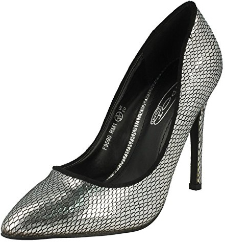Spot On Ladies High Heel Pointed Toe Snake Design Court Shoes - Silver Synthetic - UK Size 6 - EU Size 39 - US Size 8
