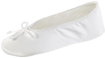 Isotoner Women's Satin Ballerina Slippers with Classic Ribbon Suede Sole, White Soft Tie Bow, 4.5/5.5 UK