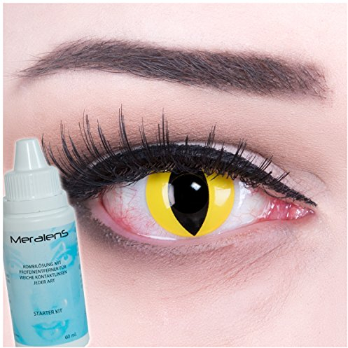Farbige gelbe Katzenaugen Kontaktlinsen ohne Stärke crazy Kontaktlinsen crazy contact lenses Cat Eye gelb Katzenaugen1 Paar. Mit Linsenbehälter + 60ml Pflegemittel