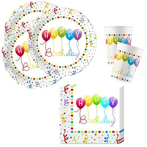 Set de vaisselle de fête « Happy Birthday Streamers » - Avec gobelets, assiettes, serviettes