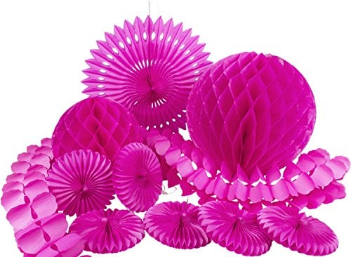 HEKU 30008-01: Party-Deko-Set mit Wabenbällen, Dekofächern und einer Girlande aus Papier, 10-teilig, pink