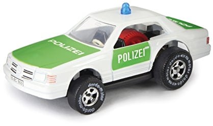 Darda 50331 - Darda Auto Polizeiwagen mit Metallgehäuse, weiß / grün, ca. 7,7 cm, Rennauto mit auswechselbaren Rückzugsmotor, Fahrzeug mit Aufziehmotor für Kinder ab 5 Jahre, Auto für Dardabahn