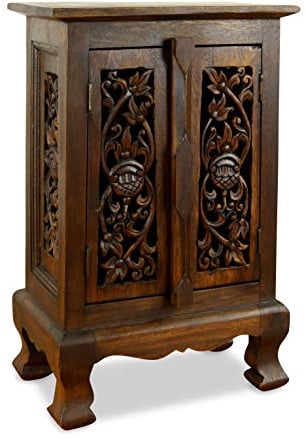 Kleiner Massivholzschrank mit eleganter Blumenschnitzerei, Kommode der Marke Asia Wohnstudio, Nachtschrank