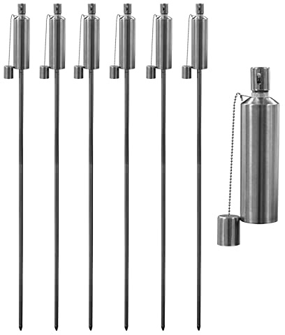 Harbour Housewares Metal Garden Torches - Cylinder - Pack of 6-146cm Silver Garden Torches Lighting Modern Outdoor Lighting Paraffin Oil Lamp Candle Flame Lantern for Parties, Outdoor Events, BBQs