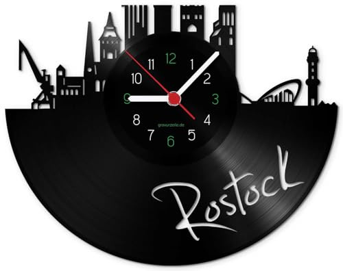 GRAVURZEILE Schallplattenuhr - Skyline Rostock - Wanduhr aus gegossenem Vinyl mit Stadt Skyline 30 cm - Upcycling Design-Uhr Wand-Deko Vintage Wand-Dekoration Retro-Uhr - Made in Germany