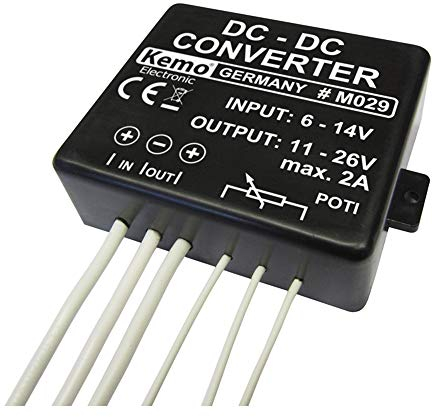 Kemo M029 Gleichspannungswandler 6 - 14 V/DC Eingang, 11 - 26 V/DC Ausgang. Erzeugt aus kleiner Eingangsspannung fast doppelt so hohe Ausgangsspannung. Ausgangsstrom max. 2 A