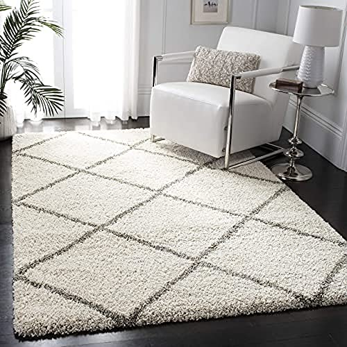 SAFAVIEH Zottelig Teppich für Wohnzimmer, Esszimmer, Schlafzimmer - Hudson Shag Collection, Hoher Flor, Elfenbein und Grau, 155 X 229 cm