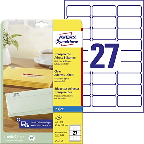 AVERY Zweckform J4721-25 Adressetiketten/Adressaufkleber (675 Etiketten, 63,5x29,6mm auf A4, bedruckbar, selbstklebend, für DIN C6 Briefkuverts, Polyesterfolie, Inkjet-Drucker) 25 Blatt, transparent